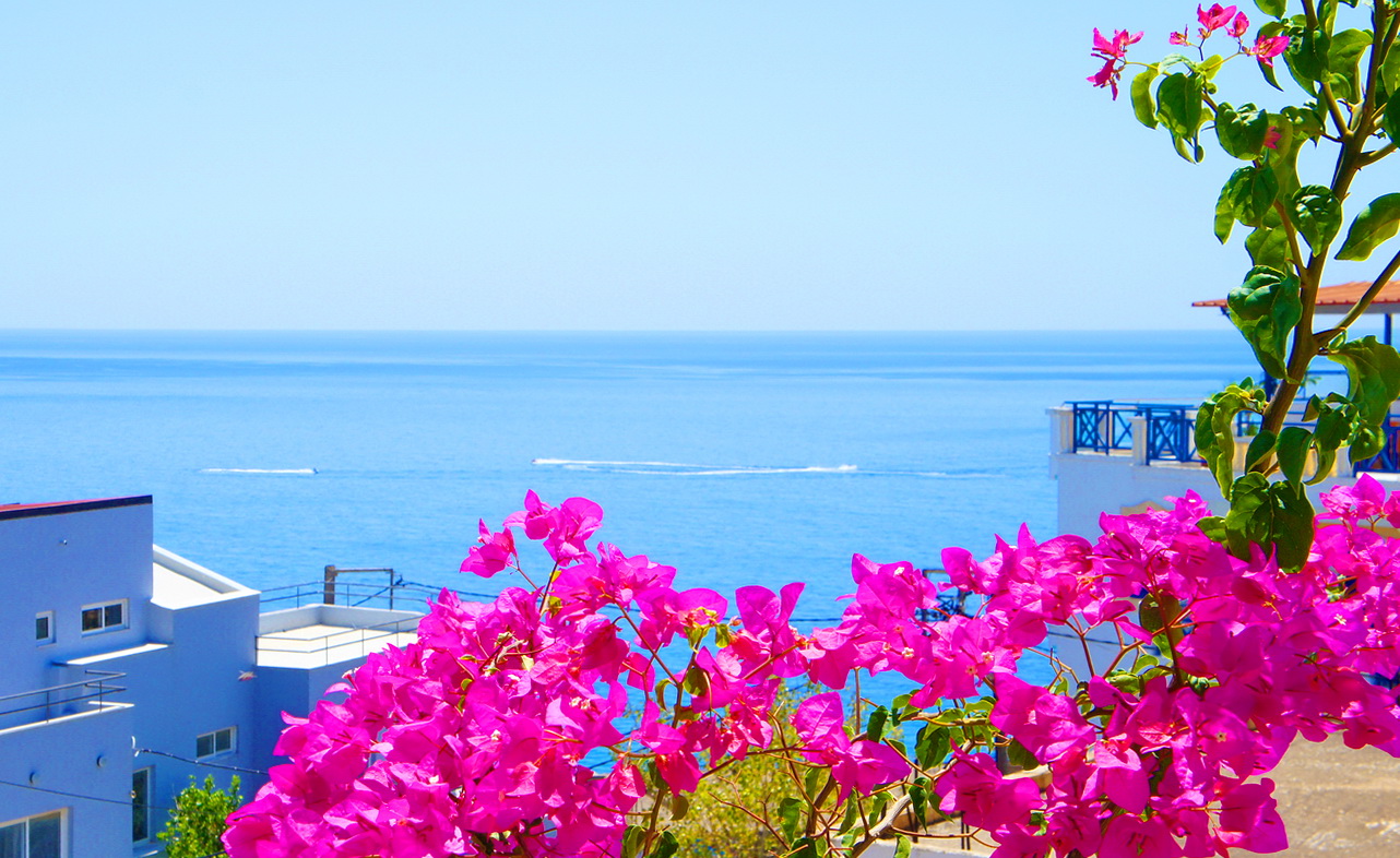 Panoramic sea view from the balcony of IDI Hotel in Agia Galini