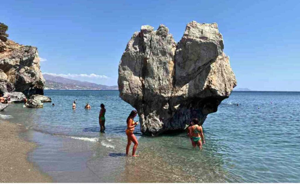 Preveli palm beach with river, palm forest and rocks on the south coast of Crete