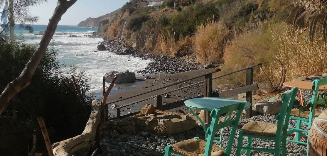 Agios Georgios beach near Agia Galini, with turquoise water and rocky coastline