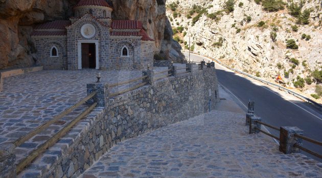 Stone chapel of Agios Nikolaos built into the cliffside at Kotsifos Gorge in Crete